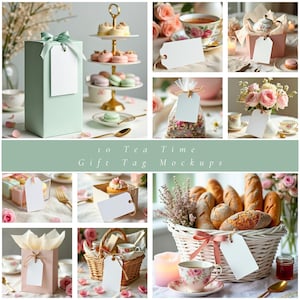 May include: A collection of tea-themed gift tag mockups. The images include a variety of items such as a gift box, tea cups, pastries, and a basket of bread, all with blank tags for customization. The text "10 Tea Time Gift Tag Mockups" is visible.