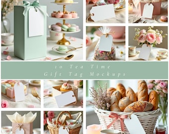 Tea Time Gift Tag Mockup Bundle, Tea Party Flat Lay Scene, Elegant Printable Tag Display, Feminine Product Branding Photos, Stationery Set