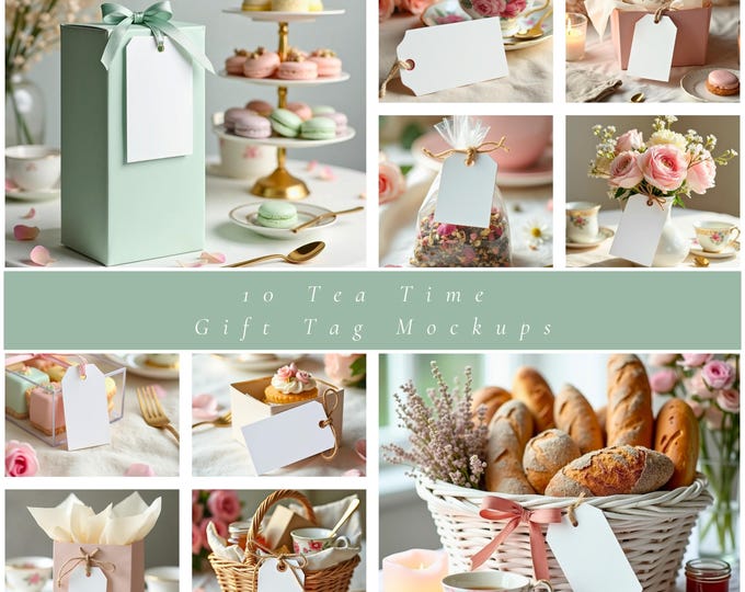 Tea Time Gift Tag Mockup Bundle, Tea Party Flat Lay Scene, Elegant Printable Tag Display, Feminine Product Branding Photos, Stationery Set