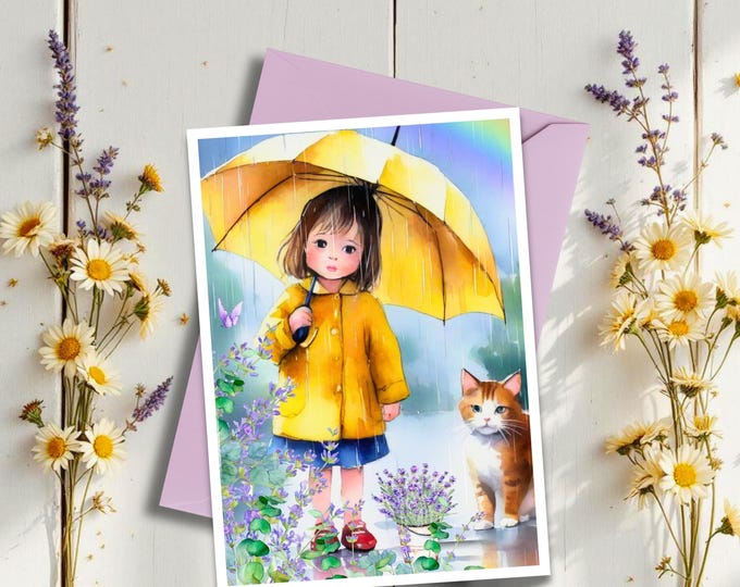 Spring Showers Yellow Umbrella and Girl Picking Flowers Watercolor Card,  Child Enjoying the Rain Stationery, Cute Spring Rainy Day Card