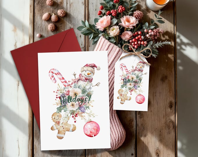 Happy Holidays Snowman Christmas Card with Optional Matching Gift Tag, Whimsical Winter Greeting