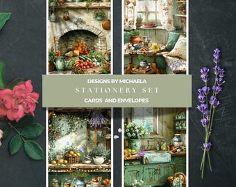 Rustic Cottagecore Stationery Vintage Kitchen Inspired Cards, Cozy Farmhouse Greeting Card Set, Rustic Shaby Chic Country Home Note Cards