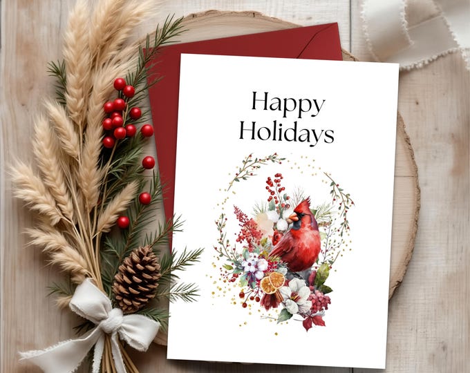 Watercolor Cardinal Christmas Card: Berries & Poinsettias, Personalized Holiday Greeting