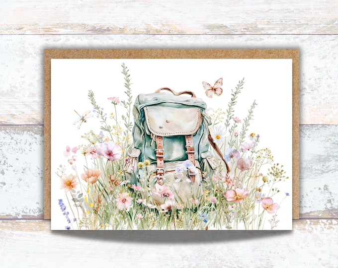 Wildflower Backpack Watercolor Greeting Card: Hiking, Camping Nature Lover