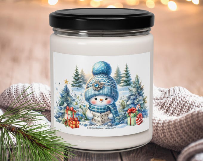 Watercolor Snowman Soy Candle, Blue Winter Forest, Holiday Decor