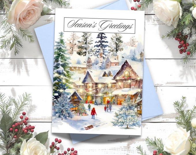 Watercolor Christmas Market Greeting Card: Bavarian Winter Scene