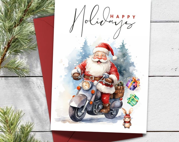 Funny Santa Motorcycle Christmas Card: Watercolor Holiday Greeting