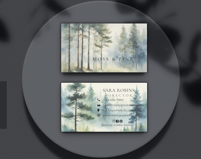 Misty Forest Business Cards 3.5x2 Double-Sided, Custom Nature-Inspired Branding, Watercolor Pine Tree Nature Business Cards, Lover of Forest