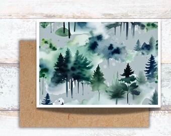 Misty Pine Trees Watercolor Greeting Card, Pine Forest Writing Cards, Watercolor Woods Note Cards, Lover of Evergreen Stationery For Her