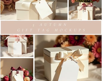Autumn Gift Tag Mockup Bundle, Neutral Gift Box Mockups with Satin Ribbons, Autumn Flat Lay Tag Mockups for Etsy, Canva, Stationery Sellers