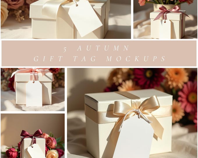Autumn Gift Tag Mockup Bundle, Neutral Gift Box Mockups with Satin Ribbons, Autumn Flat Lay Tag Mockups for Etsy, Canva, Stationery Sellers