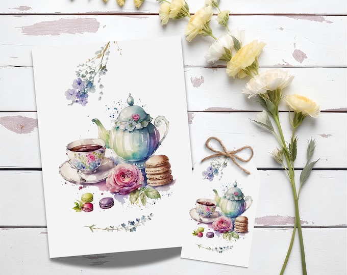 Vintage Tea Cup & Macarons Watercolor Card: Floral Tea Party