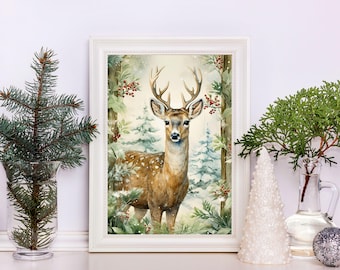 Vintage Deer Winter Wall Art Print, Christmas Watercolor Deer Wall Decor, Deer in Snow Covered Woods Holiday Print, Rustic Deer in Nature