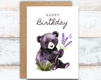 Happy Birthday Baby Black Bear Holding a Lavender Bouquet Watercolor Greeting Card, Lover of Bears Floral Birthday Card, Cute Bear in Nature