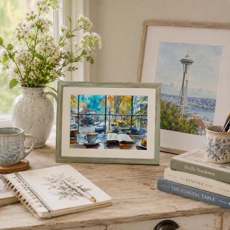 May include: A framed watercolor print depicting a cozy window view with a coffee cup and an open book. The artwork features vibrant blue and yellow tones, set within a light green wooden frame, displayed on a wooden surface with books and a vase.