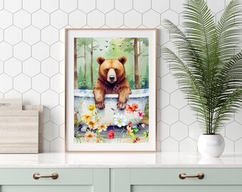 Bear in a Bubble Bathtub Wall Art, Bear in Woods Wall Decor, Cute Bear in Bath Print, Bear Taking a Bath in Woods Decor, Funny Bear Decor
