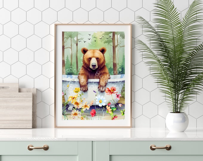 Bear in a Bubble Bathtub Wall Art, Bear in Woods Wall Decor, Cute Bear in Bath Print, Bear Taking a Bath in Woods Decor, Funny Bear Decor