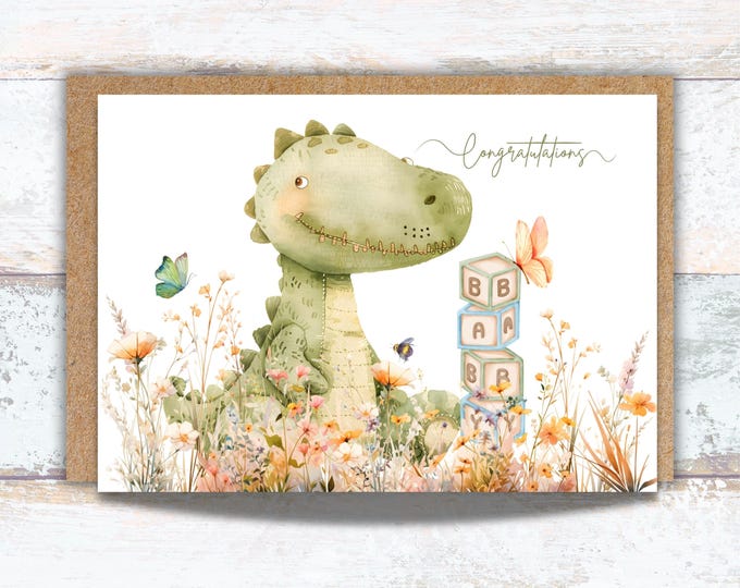 Congratulations on New Baby Dinosaur Greeting Card, Watercolor Dinosaur playing with Baby Blocks New Baby Writing Card, Gender Neutral Baby