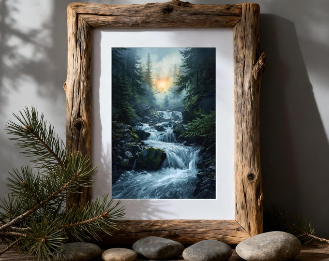 Misty Forest Waterfall Art Print: Mountain Cabin Rustic Nature Décor for Wilderness Lovers