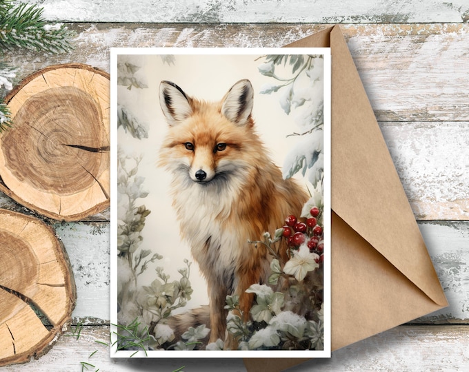 Winter Fox Greeting Card, Watercolor Fox Holiday Card, Vintage Fox Winter Scene, Christmas Fox Stationery, Fox in the Snow Writing Cards