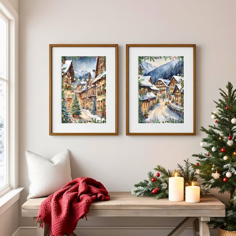 Bavarian Christmas Village Art Prints: Snowy Winter Wonderland Set image 1