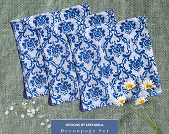 Blue Damask Decoupage Napkins for Crafting and Table Decor, Cottagecore Blue and White Floral Napkins for DIY Crafts, Blue Victorian-Style