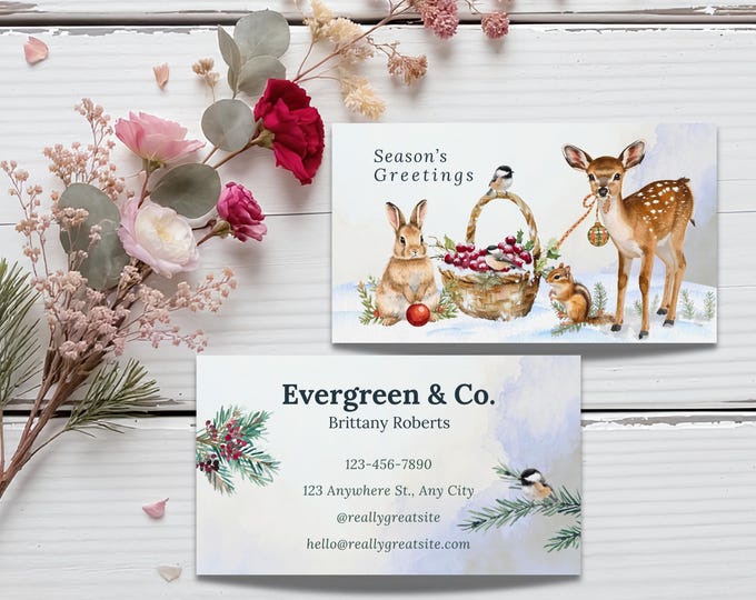 Woodland Animals Holiday Business Cards: Double-Sided, Seasonal Nature-Inspired