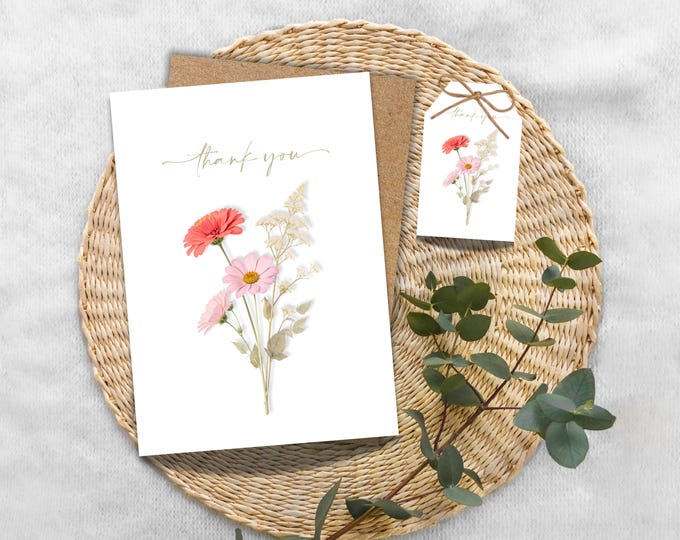 Pressed-Inspired Floral Thank You Card, Botanical Note Card with Envelope, Faux Wildflower Greeting Card, Garden-Inspired Stationery For Her