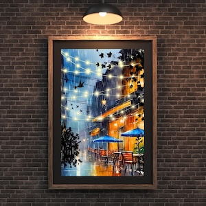 Rainy Night Cafe Watercolor Art Print: City Street Scene