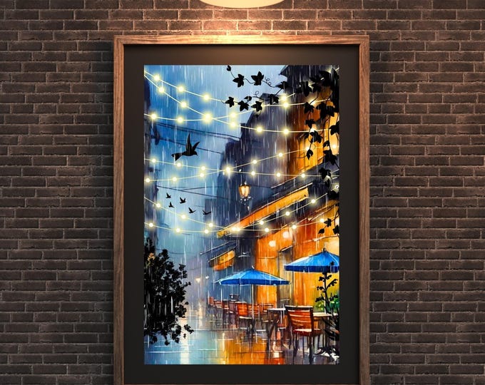 Rainy Night Cafe Watercolor Art Print, Rainy City Street Wall Decor, Empty Street Cafe Illustration, Light Drizzle in the City, City Lights