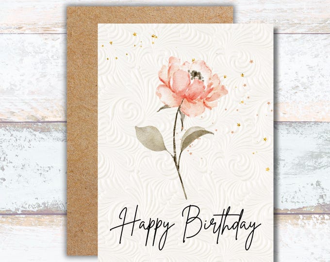 Pink Rose Watercolor Birthday Greeting Card, Birthday Rose Writing Card, Lover of Flowers Birthday Note Card, Blush Rose Birthday Greeting