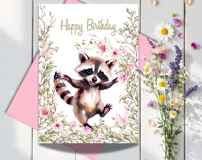 Raccoon Birthday Greeting Card: Whimsical Woodland Animal in Pink Flowers