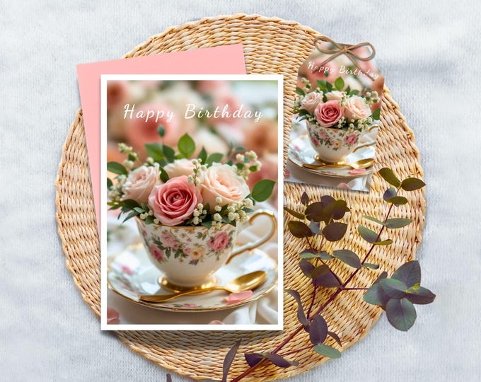Vintage Teacup Floral Happy Birthday Card, Rose and Peony Birthday Greeting with Optional Matching Gift Tag, Elegant Tea Greeting Card Her