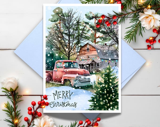 Country Christmas Card: Rustic Farmhouse, Red Truck, Holiday Greetings