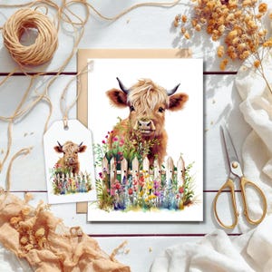 Watercolor Highland Cow Greeting Card: Farmhouse Note Card