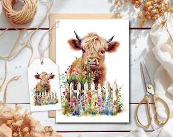 Highland Cow Greeting Card, Watercolor Highland Cow Note Card, Farm Animal Stationery, Farmhouse Greeting Card, Cute Cow Birthday Card