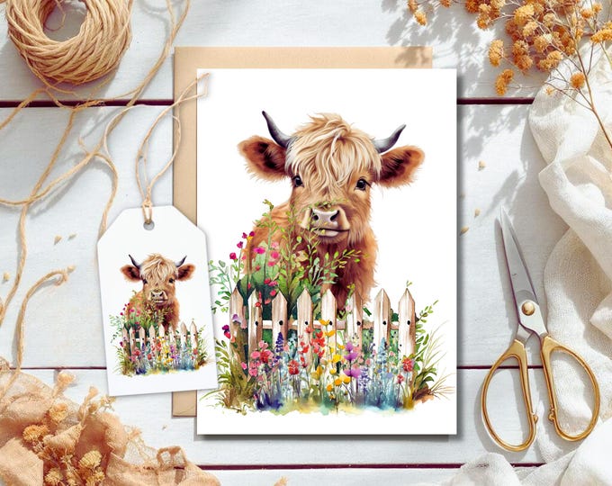 Highland Cow Greeting Card, Watercolor Highland Cow Note Card, Farm Animal Stationery, Farmhouse Greeting Card, Cute Cow Birthday Card