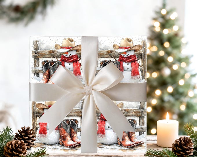 Cowboy Snowman Wrapping Paper Roll, Western Christmas Gift Wrap with Boots and Hat, Rustic Holiday Packaging