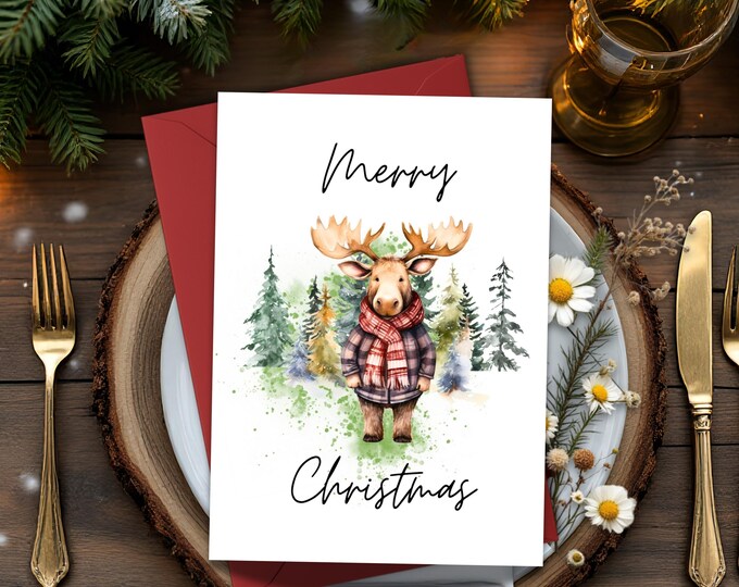 Watercolor Moose Christmas Card: Plaid Flannel, Woodland Holiday