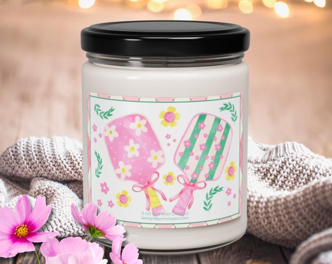 Preppy Pink Pickleball Scented Candle, Lover of Pickleball Soy Candle, Pickleball Birthday Candle for Her, Pickleball Paddles Gift