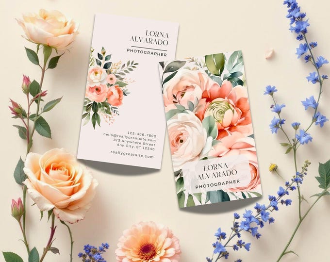 Blush Floral Vertical Business Cards, Custom Watercolor Design for Artists, Florists, Boutiques, Creative Brands, Floral Bouquet Cards Her