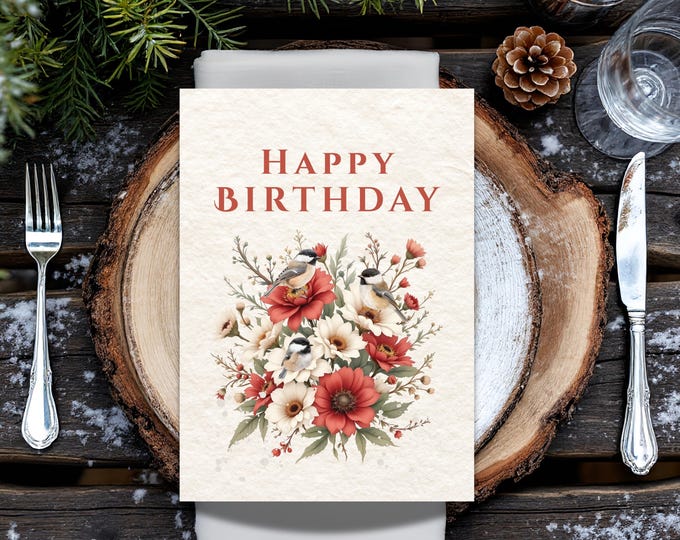 Happy Birthday Winter Chickadees and Flowers Card – Antique Style Floral Greeting