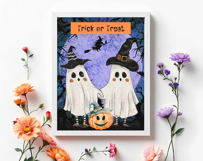 Halloween Ghosts Art Print: Trick or Treating Watercolor Wall Decor