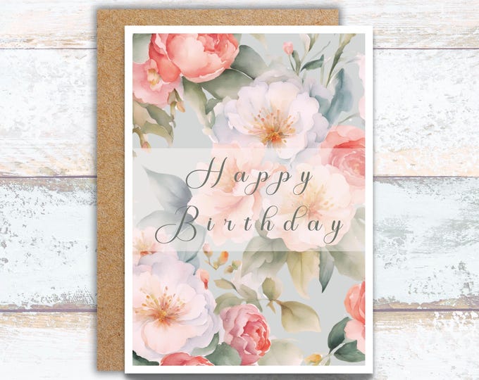Elegant Floral Happy Birthday Watercolor Card Minimalist Pastel Design, Soft Birthday Card with Pastel Peonies and Roses, Delicate Floral
