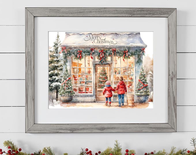 Christmas Storefront Watercolor Print: Festive Winter Village Scene