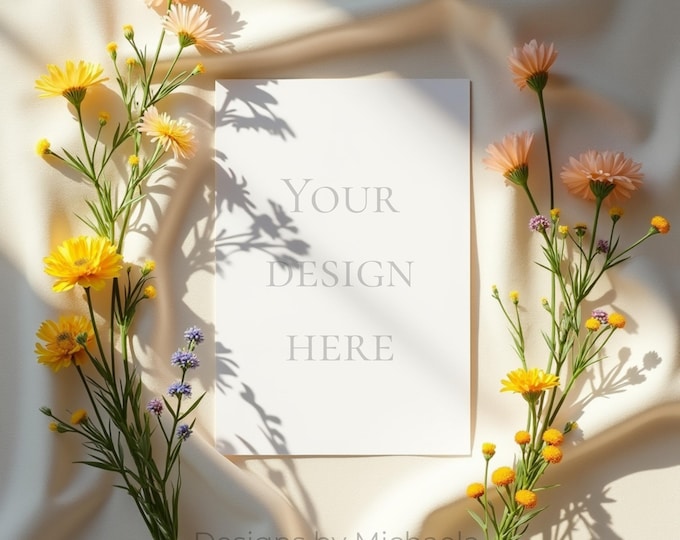 Floral Spring Card Mockup with Wildflowers, Digital Mockup for Stationery Products, Vertical Paper Backdrop for Art Prints & Greeting Cards
