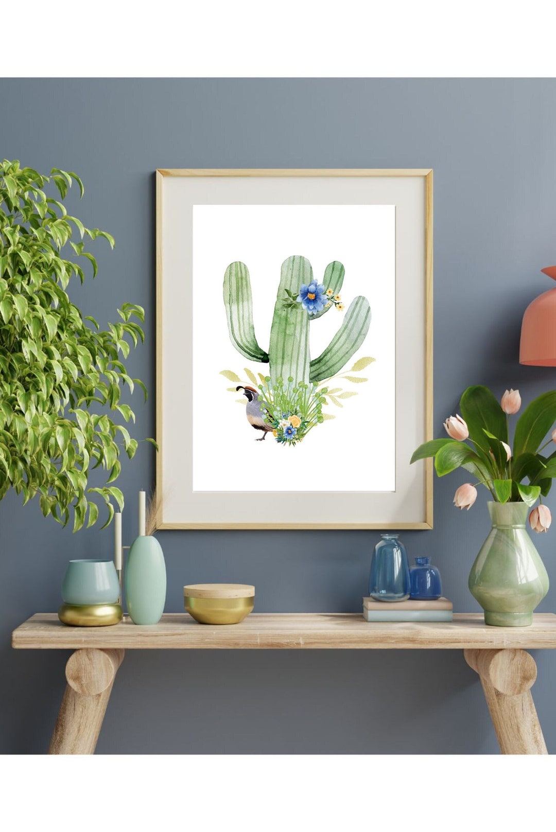 Quail Wall Art Watercolor Quail Print Cactus Print Arizona Etsy