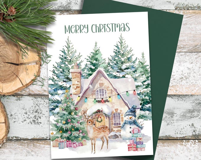 Merry Christmas Card with Reindeer and Snowman - Whimsical Holiday Greeting