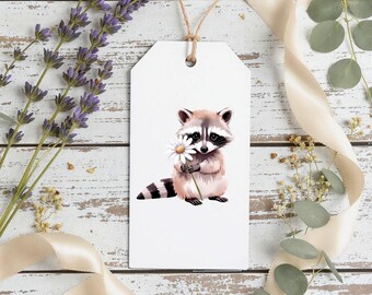 Printable Raccoon Gift Tags, Set of 8 Digital Woodland Tags (2 Each of 4 Designs), Spring Animal Tags, Instant Download for Rustic Gifts
