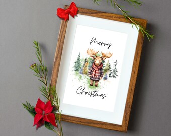 Watercolor Christmas Moose Art, Moose Christmas Wall Decor, Cute Moose in Plaid Wall Print, Moose in Woods Christmas Wall Decor, Holiday Art